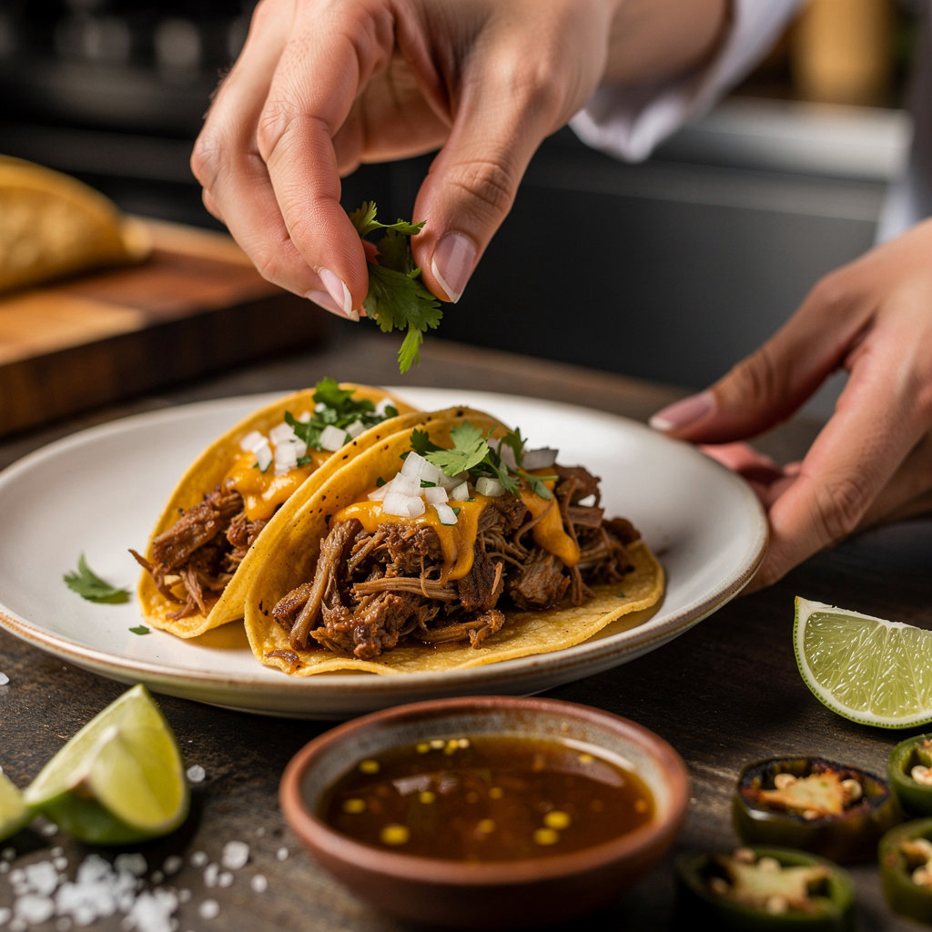 Ana's Taco Bar signature birria, al pastor, and veggie tacos on a rustic table in Santa Barbara